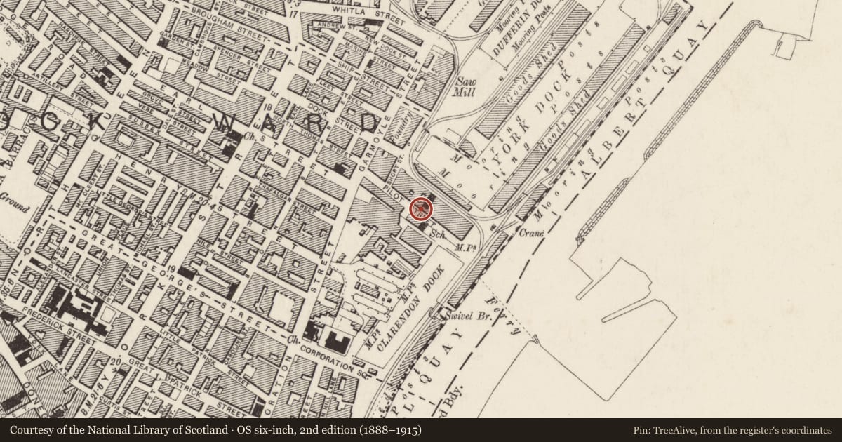 Ordnance Survey six-inch map, 2nd edition (1888–1915) covering the location of St Joseph's RC parochial house, Belfast Town Parks, Belfast, with a pin at the register's coordinates