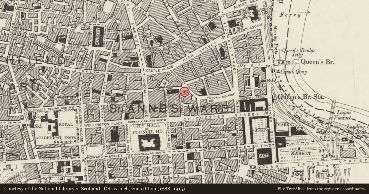 Ordnance Survey six-inch map, 2nd edition (1888–1915) covering the location of Mayfair Building, Town Parks, Belfast, with a pin at the register's coordinates