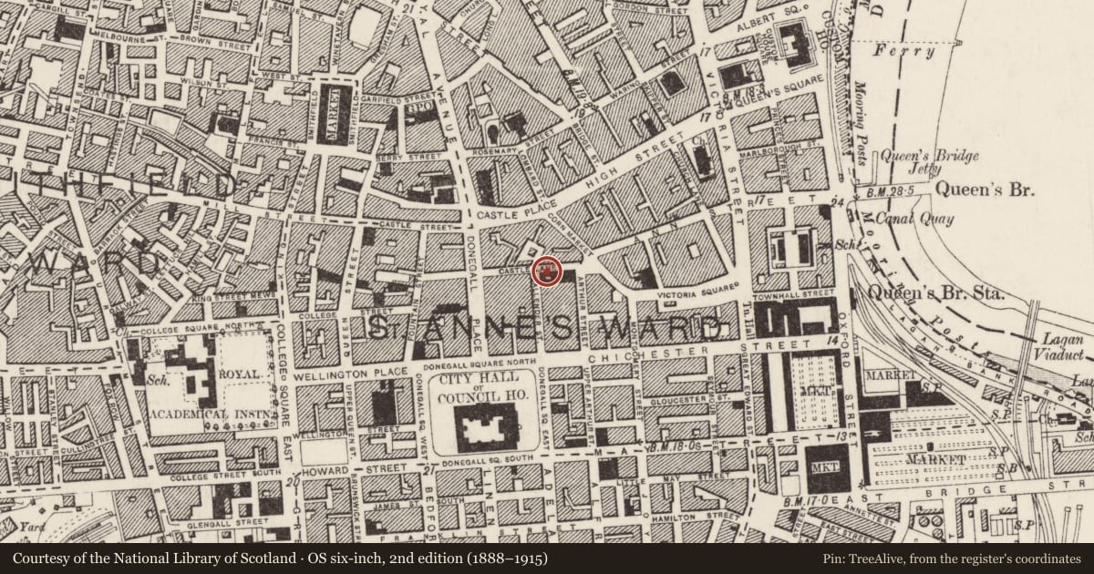 Ordnance Survey six-inch map, 2nd edition (1888–1915) covering the location of Brands & Normans, Belfast, with a pin at the register's coordinates