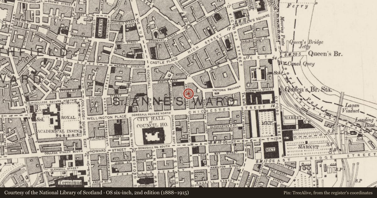 Ordnance Survey six-inch map, 2nd edition (1888–1915) covering the location of State Buildings, Town Parks, Belfast, with a pin at the register's coordinates