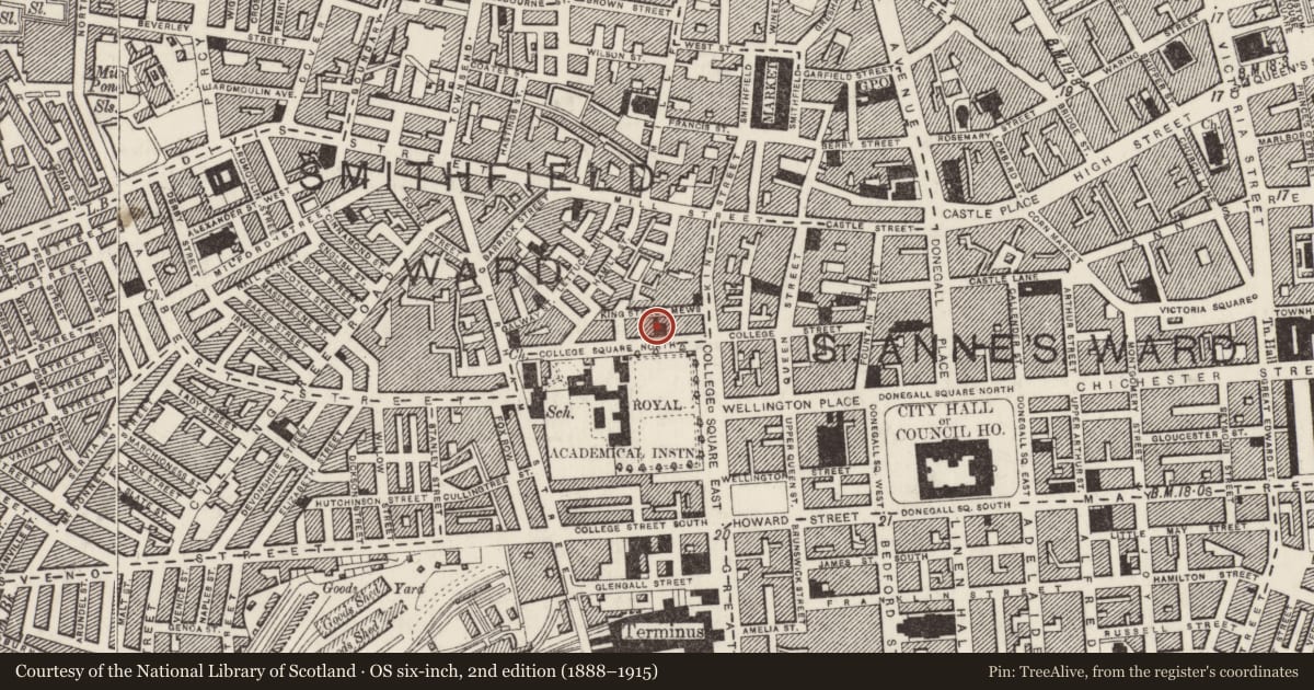 Ordnance Survey six-inch map, 2nd edition (1888–1915) covering the location of Old Museum Buildings, Belfast, with a pin at the register's coordinates