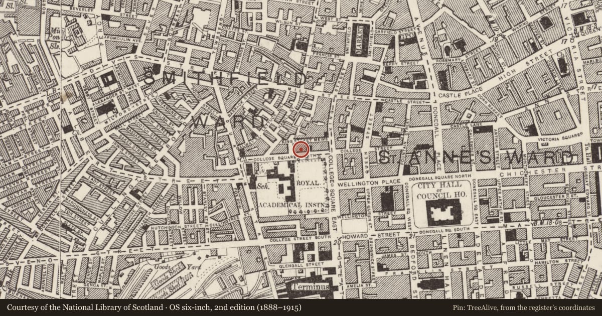 Ordnance Survey six-inch map, 2nd edition (1888–1915) covering the location of 9 College Square North, Town Parks, Belfast, with a pin at the register's coordinates
