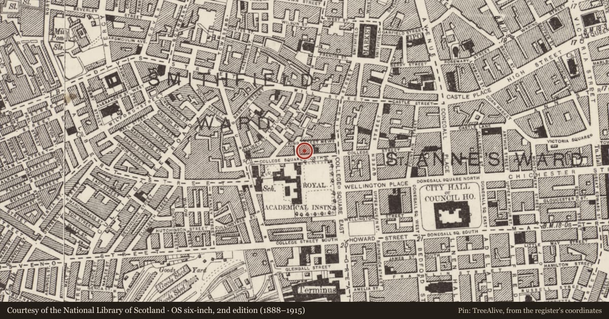 Ordnance Survey six-inch map, 2nd edition (1888–1915) covering the location of 10 College Square North, Town Parks, Belfast, with a pin at the register's coordinates