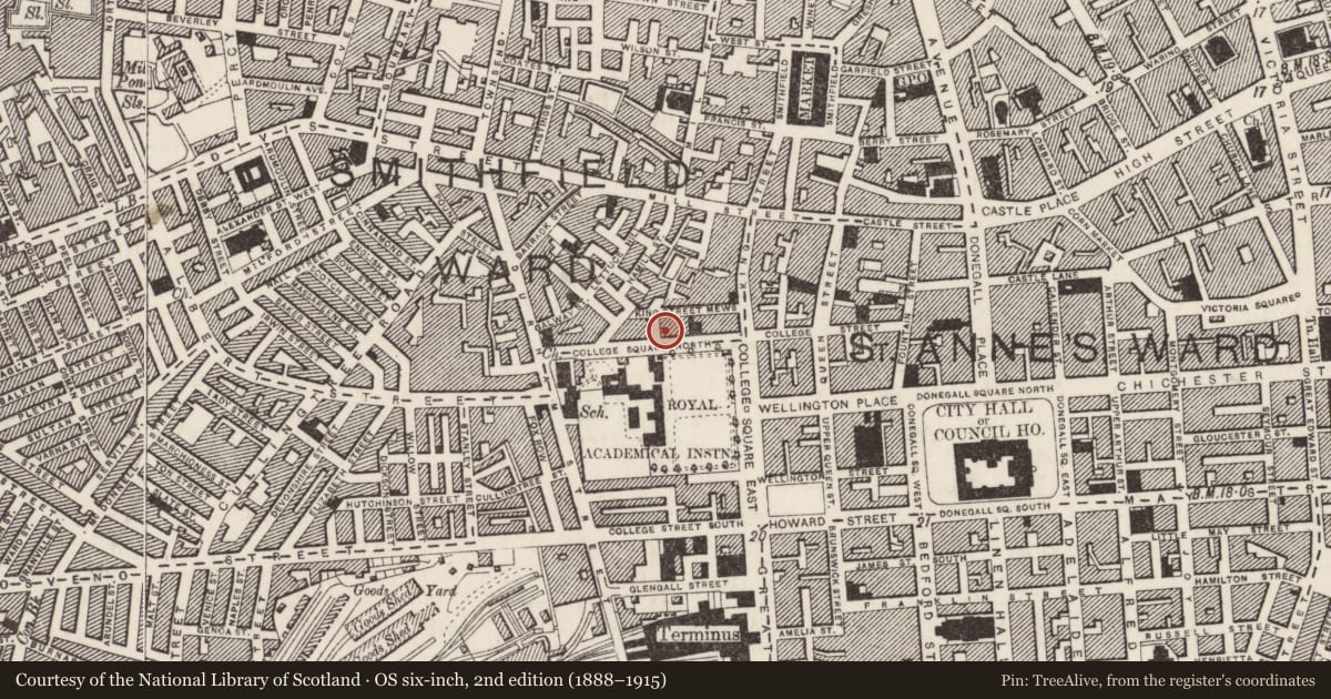 Ordnance Survey six-inch map, 2nd edition (1888–1915) covering the location of 11 College Square North, Town Parks, Belfast, with a pin at the register's coordinates