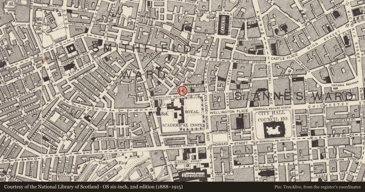 Ordnance Survey six-inch map, 2nd edition (1888–1915) covering the location of 12 College Square North, Town Parks, Belfast, with a pin at the register's coordinates