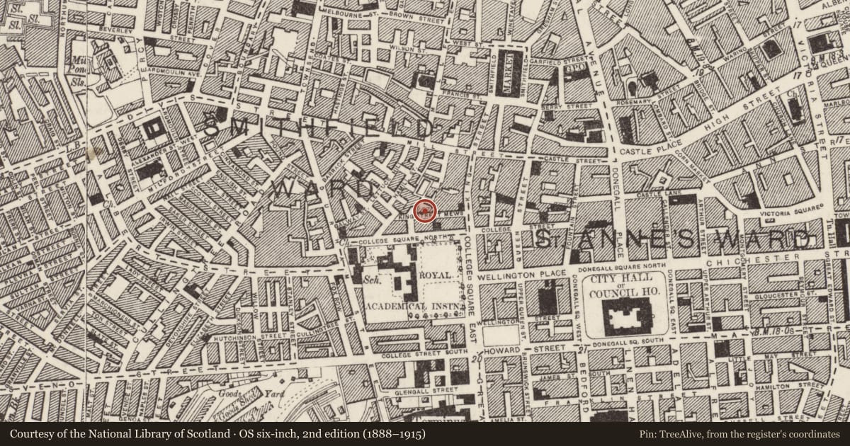 Ordnance Survey six-inch map, 2nd edition (1888–1915) covering the location of 1 College Place North, Belfast, with a pin at the register's coordinates