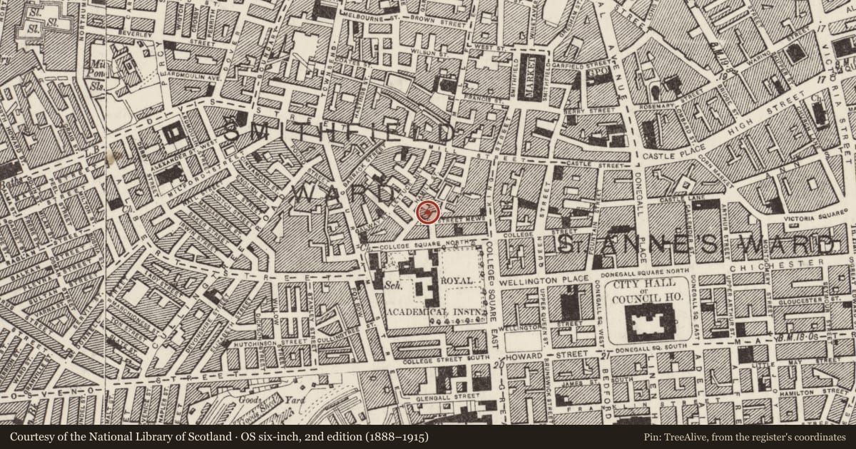 Ordnance Survey six-inch map, 2nd edition (1888–1915) covering the location of 5 College Place North, Town Parks, Belfast, with a pin at the register's coordinates