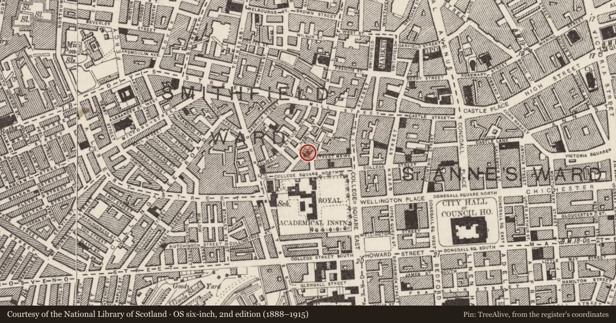 Ordnance Survey six-inch map, 2nd edition (1888–1915) covering the location of 7 College Place North, Town Parks, Belfast, with a pin at the register's coordinates