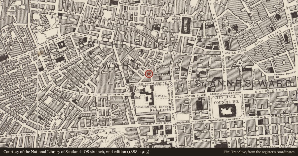 Ordnance Survey six-inch map, 2nd edition (1888–1915) covering the location of 9 College Place North, Town Parks, Belfast, with a pin at the register's coordinates
