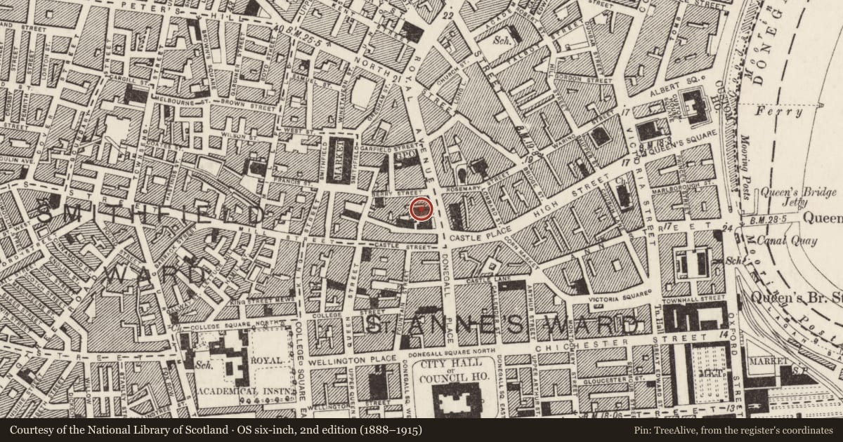 Ordnance Survey six-inch map, 2nd edition (1888–1915) covering the location of Ulster Reform Club, Town Parks, Belfast, with a pin at the register's coordinates