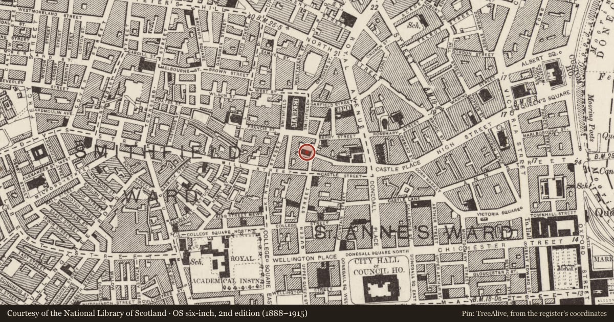 Ordnance Survey six-inch map, 2nd edition (1888–1915) covering the location of St. Mary'S Hall, Belfast, with a pin at the register's coordinates