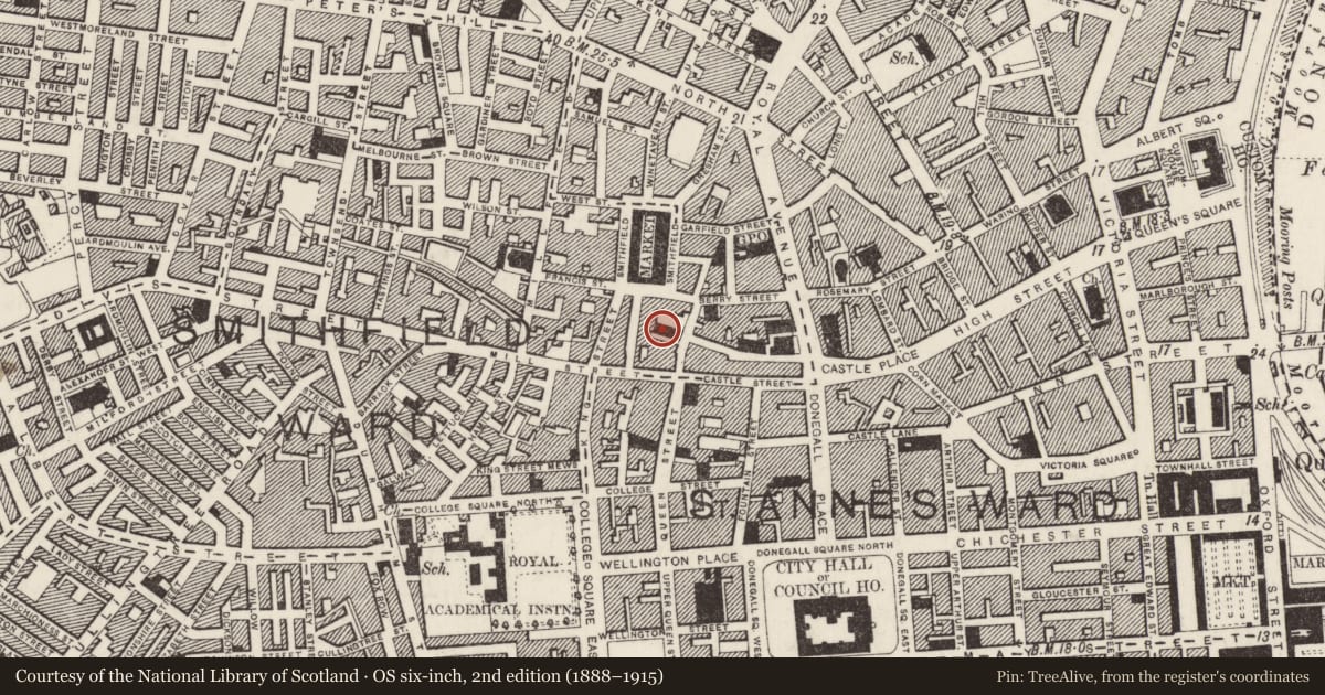 Ordnance Survey six-inch map, 2nd edition (1888–1915) covering the location of St Mary's Roman Catholic Church, Town Parks, Belfast, with a pin at the register's coordinates