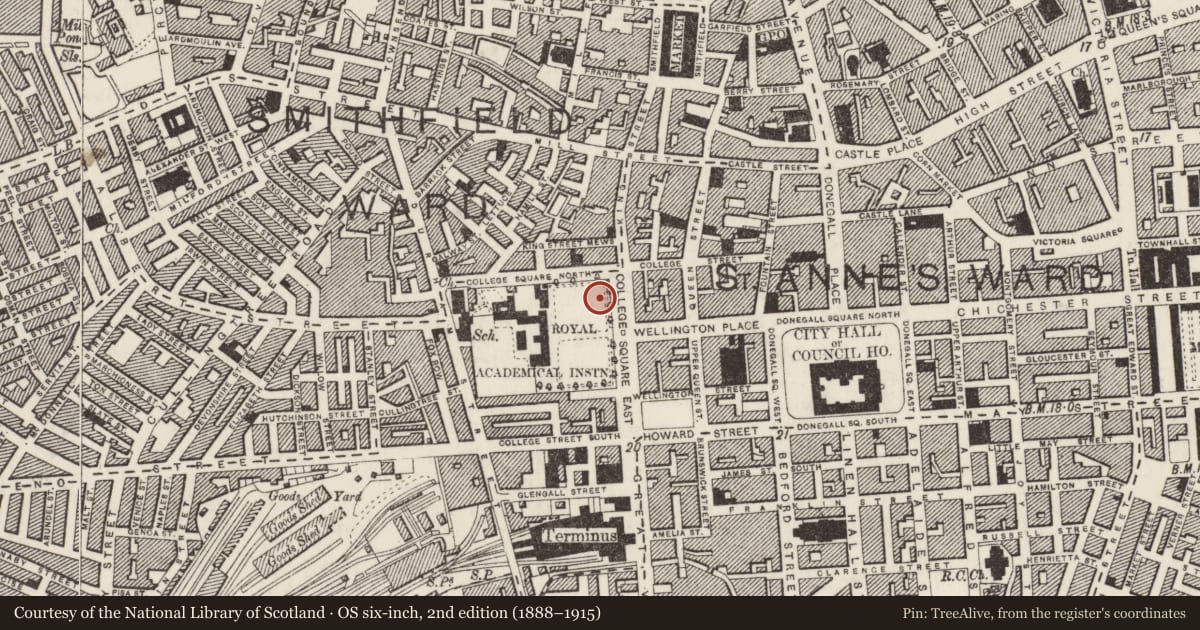 Ordnance Survey six-inch map, 2nd edition (1888–1915) covering the location of 1-2 College Square North, Belfast, with a pin at the register's coordinates