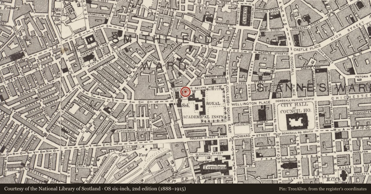 Ordnance Survey six-inch map, 2nd edition (1888–1915) covering the location of 23-26 College Square North, Belfast, with a pin at the register's coordinates