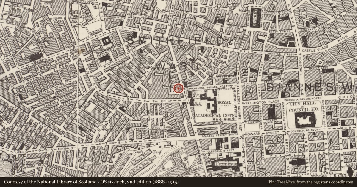 Ordnance Survey six-inch map, 2nd edition (1888–1915) covering the location of 89 Durham Street, Town Parks, Belfast, with a pin at the register's coordinates