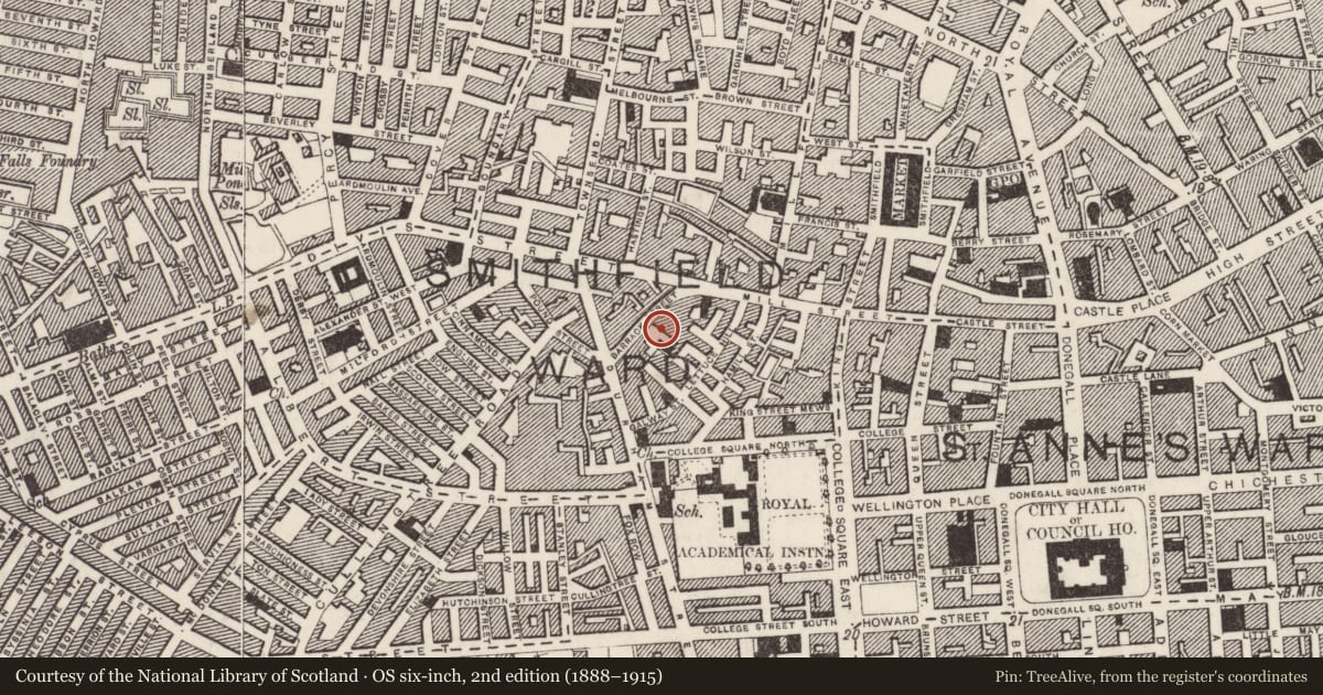 Ordnance Survey six-inch map, 2nd edition (1888–1915) covering the location of Westcourt Centre, Town Parks, Belfast, with a pin at the register's coordinates