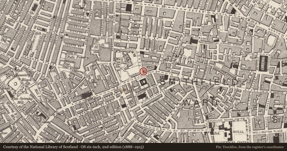 Ordnance Survey six-inch map, 2nd edition (1888–1915) covering the location of Irish National Foresters Hall, Belfast, with a pin at the register's coordinates