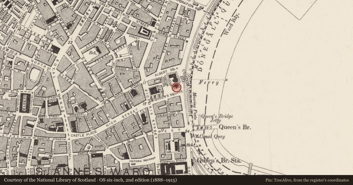 Ordnance Survey six-inch map, 2nd edition (1888–1915) covering the location of Calder Fountain, Town Parks, Belfast, with a pin at the register's coordinates