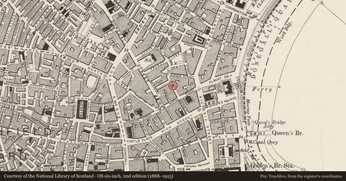 Ordnance Survey six-inch map, 2nd edition (1888–1915) covering the location of Waterman House, Town Parks, Belfast, with a pin at the register's coordinates
