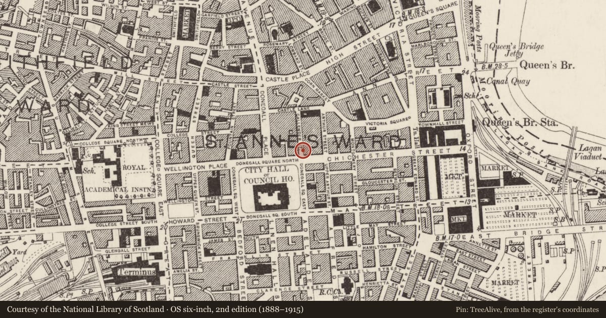 Ordnance Survey six-inch map, 2nd edition (1888–1915) covering the location of Former Bradford and Bingley Building, Belfast Town Parks, Belfast, with a pin at the register's coordinates