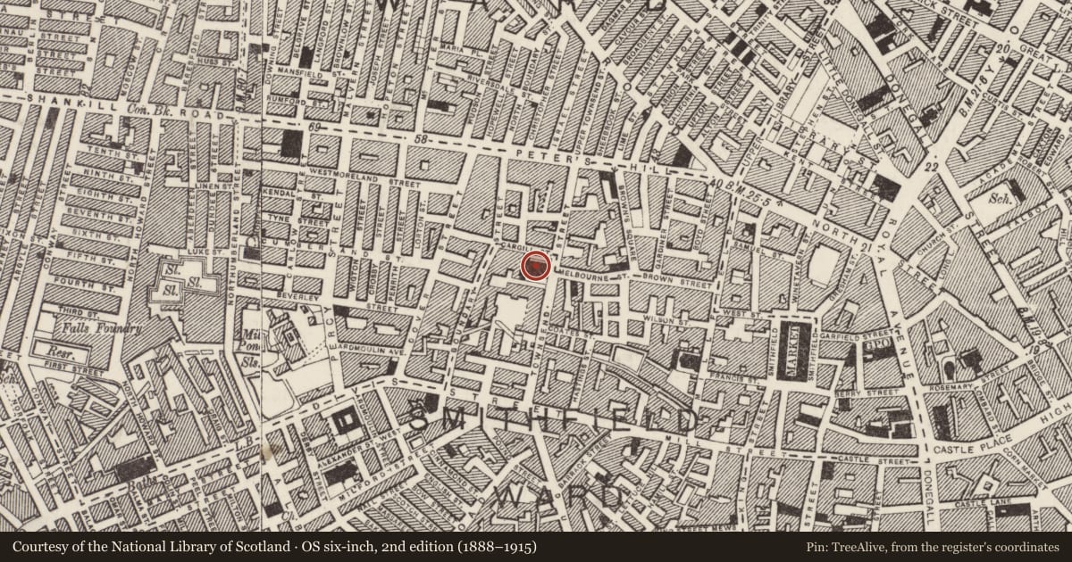 Ordnance Survey six-inch map, 2nd edition (1888–1915) covering the location of Presbyterian Church, Town Parks, Belfast, with a pin at the register's coordinates