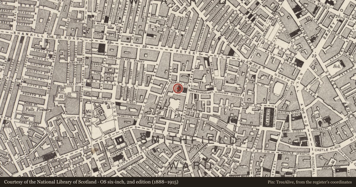 Ordnance Survey six-inch map, 2nd edition (1888–1915) covering the location of Old School House, Belfast Town Parks, Belfast, with a pin at the register's coordinates