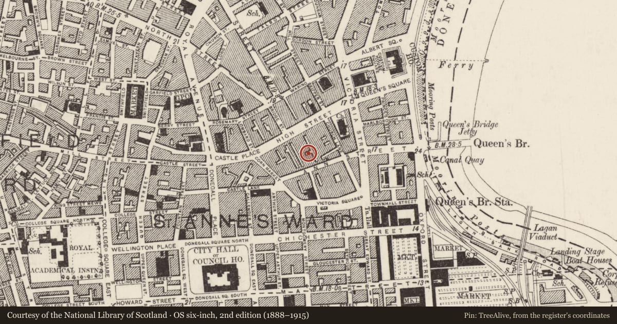 Ordnance Survey six-inch map, 2nd edition (1888–1915) covering the location of The Morning Star, Town Parks, Belfast, with a pin at the register's coordinates