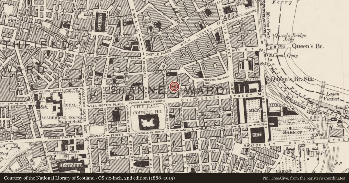 Ordnance Survey six-inch map, 2nd edition (1888–1915) covering the location of 25-39 Arthur Street, Town Parks, Belfast, with a pin at the register's coordinates