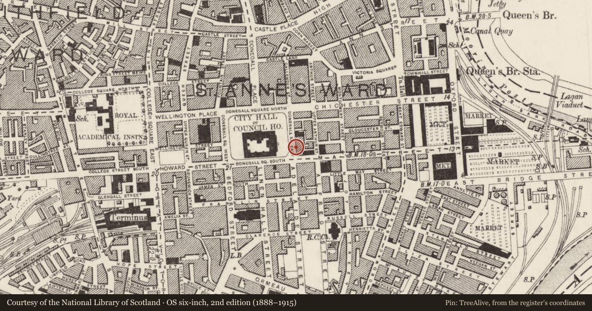 Ordnance Survey six-inch map, 2nd edition (1888–1915) covering the location of 18 Donegall Square East, Town Parks, Belfast, with a pin at the register's coordinates