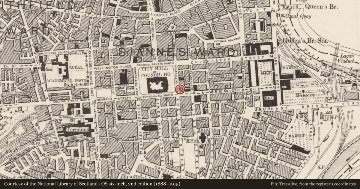 Ordnance Survey six-inch map, 2nd edition (1888–1915) covering the location of 19 Donegall Square East, Town Parks, Belfast, with a pin at the register's coordinates