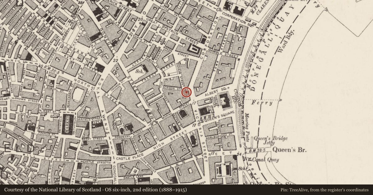 Ordnance Survey six-inch map, 2nd edition (1888–1915) covering the location of Northern Bank, Town Parks, Belfast, with a pin at the register's coordinates