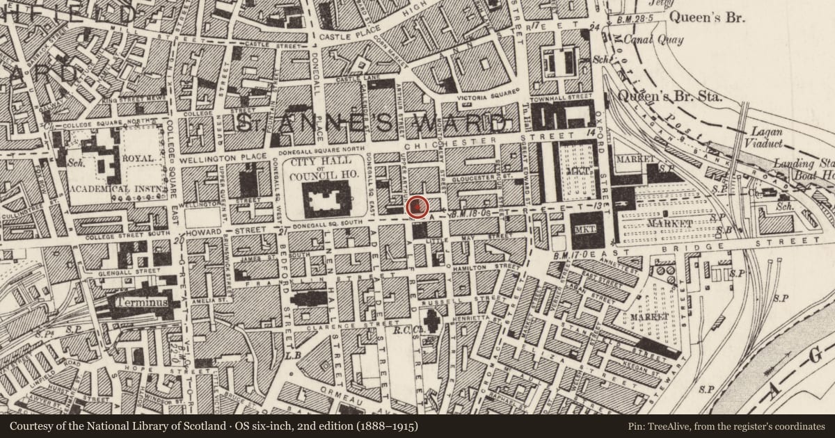 Ordnance Survey six-inch map, 2nd edition (1888–1915) covering the location of 14 May Street, Town Parks, Belfast, with a pin at the register's coordinates