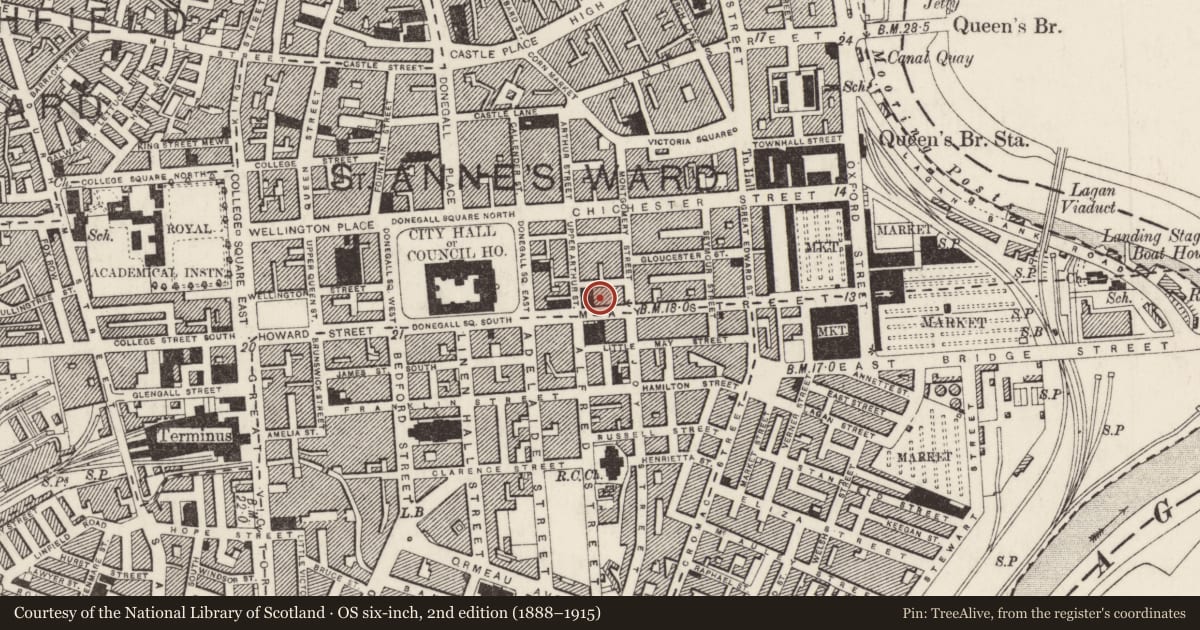 Ordnance Survey six-inch map, 2nd edition (1888–1915) covering the location of 18 May Street, Town Parks, Belfast, with a pin at the register's coordinates