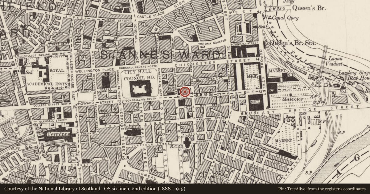 Ordnance Survey six-inch map, 2nd edition (1888–1915) covering the location of 20 May Street, Town Parks, Belfast, with a pin at the register's coordinates