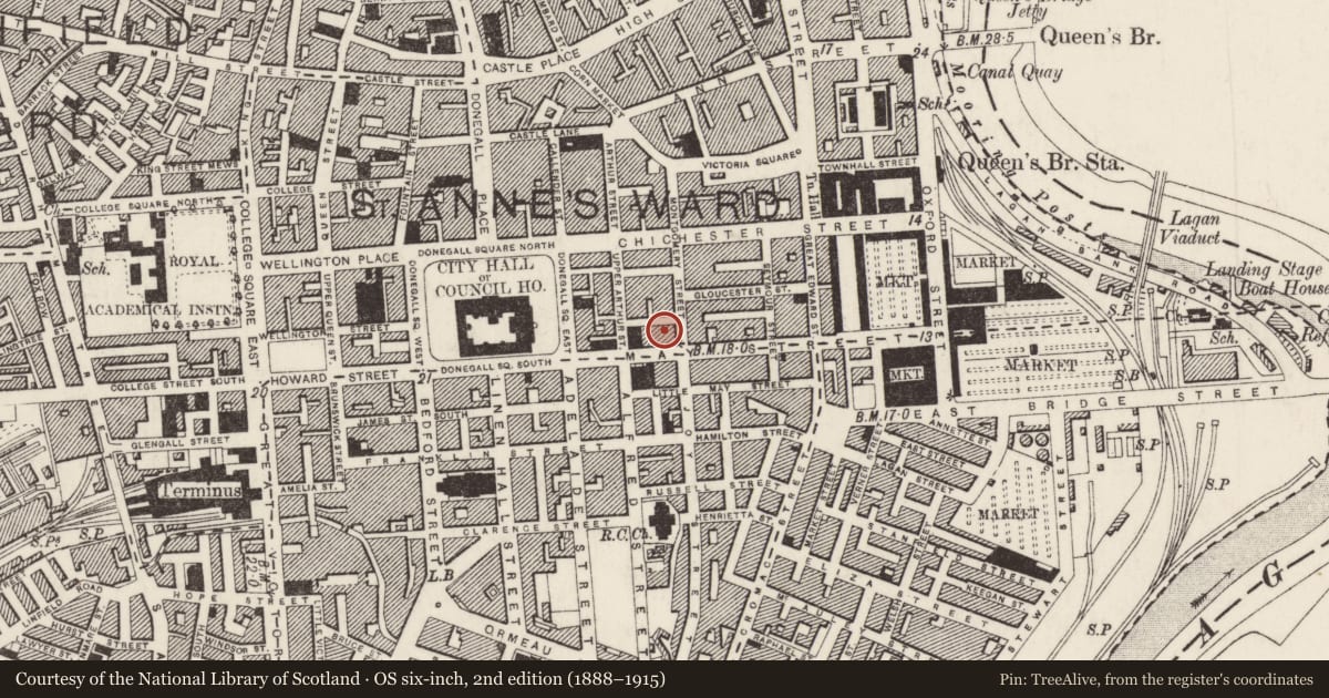 Ordnance Survey six-inch map, 2nd edition (1888–1915) covering the location of Ross' Auction Rooms, Town Parks, Belfast, with a pin at the register's coordinates
