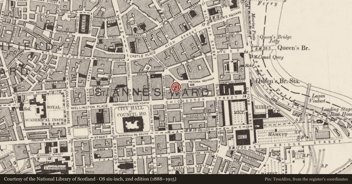Ordnance Survey six-inch map, 2nd edition (1888–1915) covering the location of Former Ross Mineral Water Works, Town Hall, Belfast, with a pin at the register's coordinates