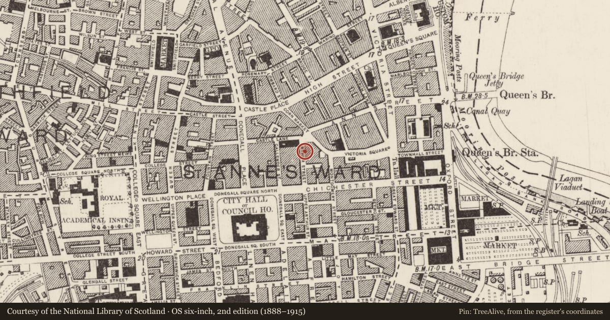 Ordnance Survey six-inch map, 2nd edition (1888–1915) covering the location of Arthur Chambers, Town Parks, Belfast, with a pin at the register's coordinates