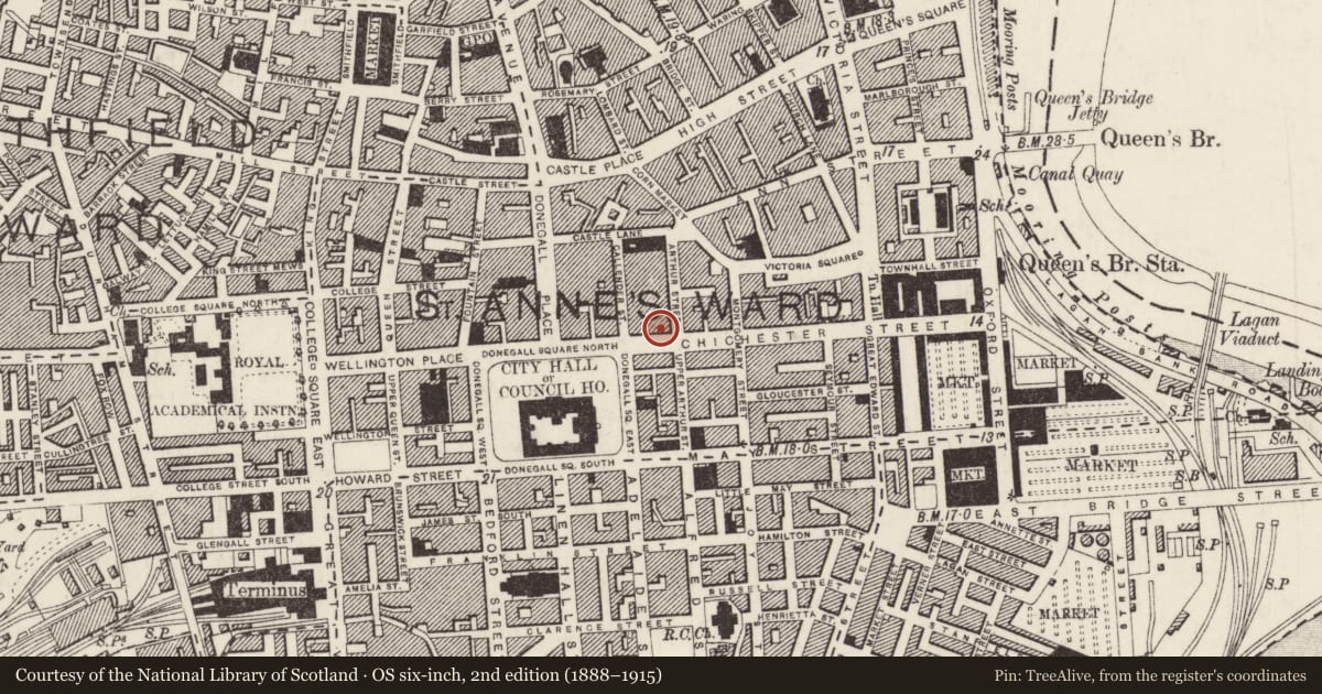 Ordnance Survey six-inch map, 2nd edition (1888–1915) covering the location of Malcolm Jewellers, Town Parks, Belfast, with a pin at the register's coordinates