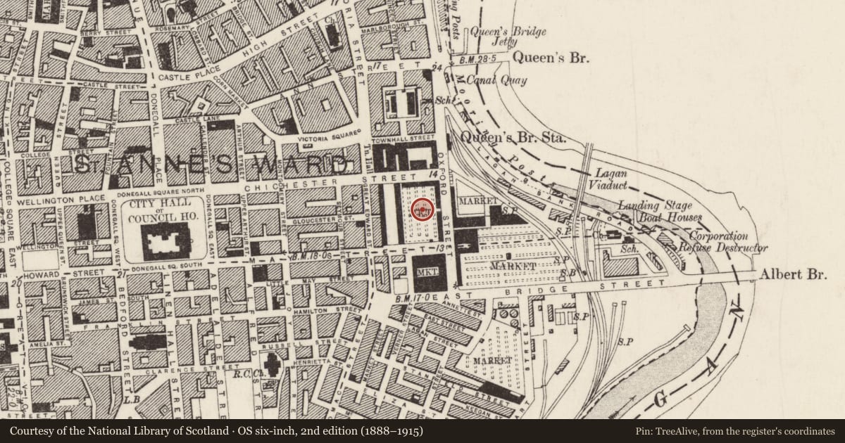 Ordnance Survey six-inch map, 2nd edition (1888–1915) covering the location of Royal Courts of Justice, Town Parks, Belfast, with a pin at the register's coordinates
