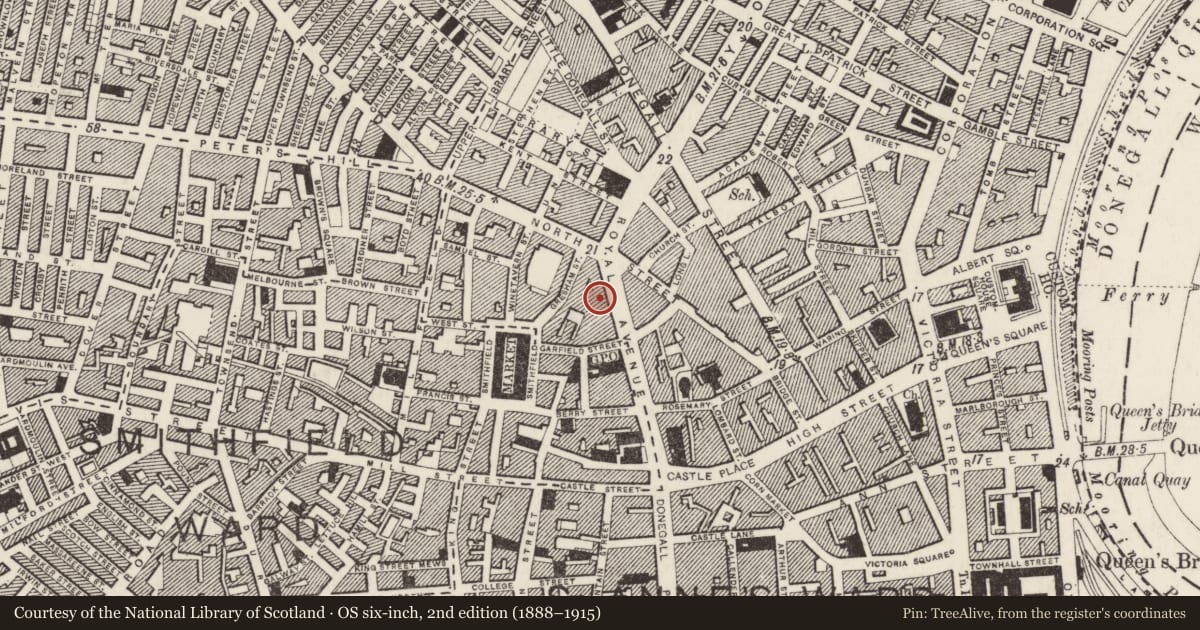 Ordnance Survey six-inch map, 2nd edition (1888–1915) covering the location of 58-66 Royal Avenue, Town Parks, Belfast, with a pin at the register's coordinates