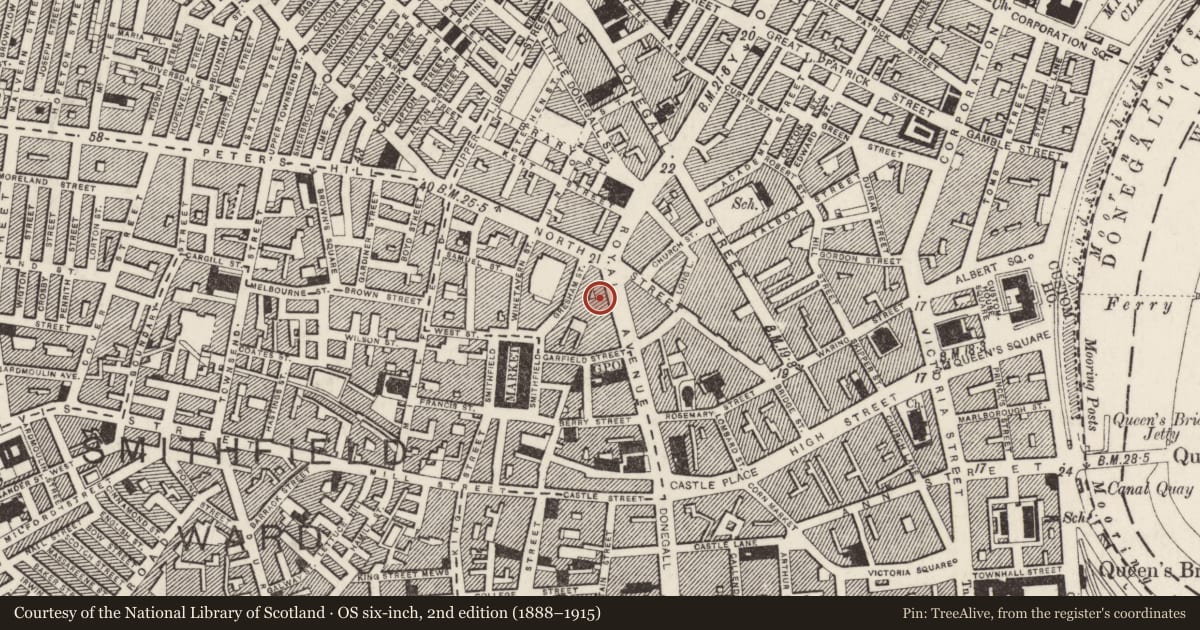Ordnance Survey six-inch map, 2nd edition (1888–1915) covering the location of 68-70 Royal Avenue, Town Parks, Belfast, with a pin at the register's coordinates