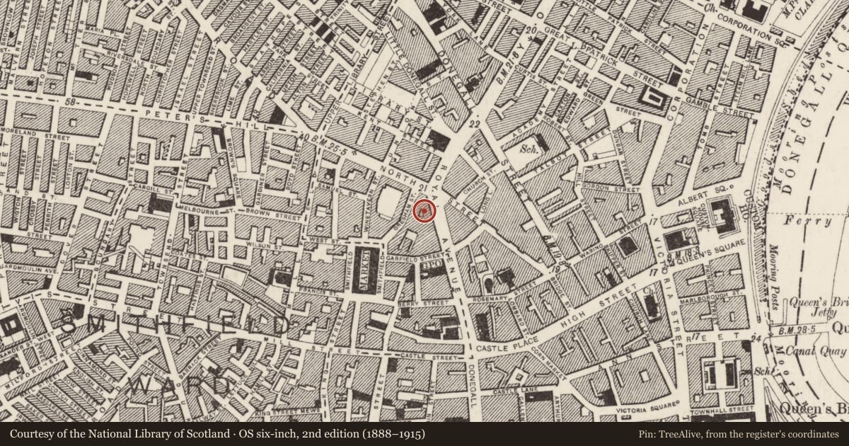 Ordnance Survey six-inch map, 2nd edition (1888–1915) covering the location of 72-74 Royal Avenue, Town Parks, Belfast, with a pin at the register's coordinates