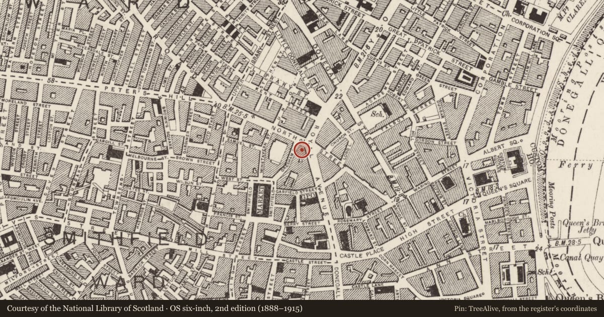 Ordnance Survey six-inch map, 2nd edition (1888–1915) covering the location of SHOP, Town Parks, Belfast, with a pin at the register's coordinates