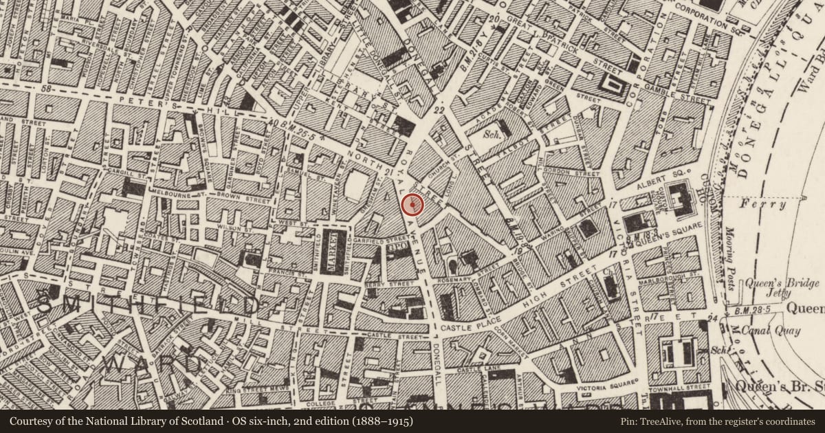 Ordnance Survey six-inch map, 2nd edition (1888–1915) covering the location of 81-87 Royal Avenue, Town Parks, Belfast, with a pin at the register's coordinates