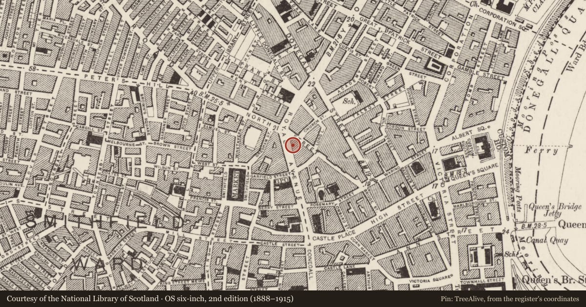 Ordnance Survey six-inch map, 2nd edition (1888–1915) covering the location of 89-91 Royal Avenue, Belfast, Co Antrim, BT1 1FE, Belfast, with a pin at the register's coordinates