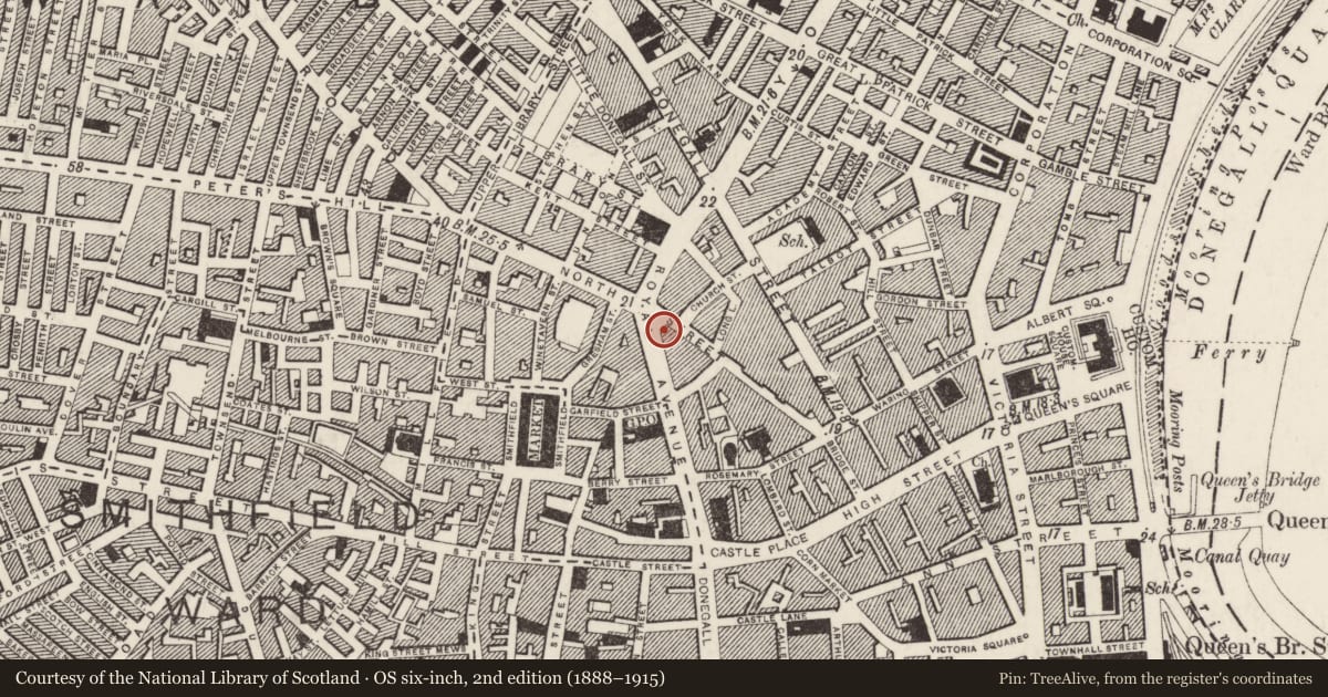 Ordnance Survey six-inch map, 2nd edition (1888–1915) covering the location of 93-101 Royal Avenue, Belfast, Co Antrim, BT1 1FE, Belfast, with a pin at the register's coordinates