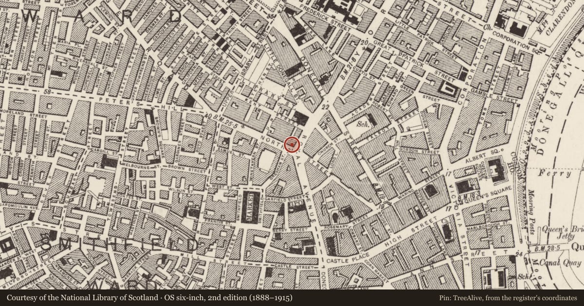 Ordnance Survey six-inch map, 2nd edition (1888–1915) covering the location of Bank of Ireland, Town Parks, Belfast, with a pin at the register's coordinates