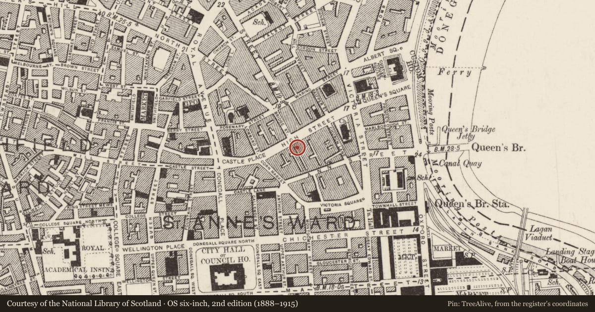 Ordnance Survey six-inch map, 2nd edition (1888–1915) covering the location of 37-43 High Street, Town Parks, Belfast, with a pin at the register's coordinates
