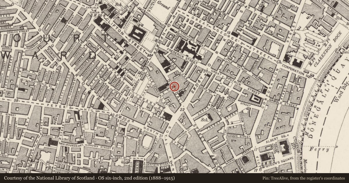 Ordnance Survey six-inch map, 2nd edition (1888–1915) covering the location of Irish News Office, Town Parks, Belfast, with a pin at the register's coordinates