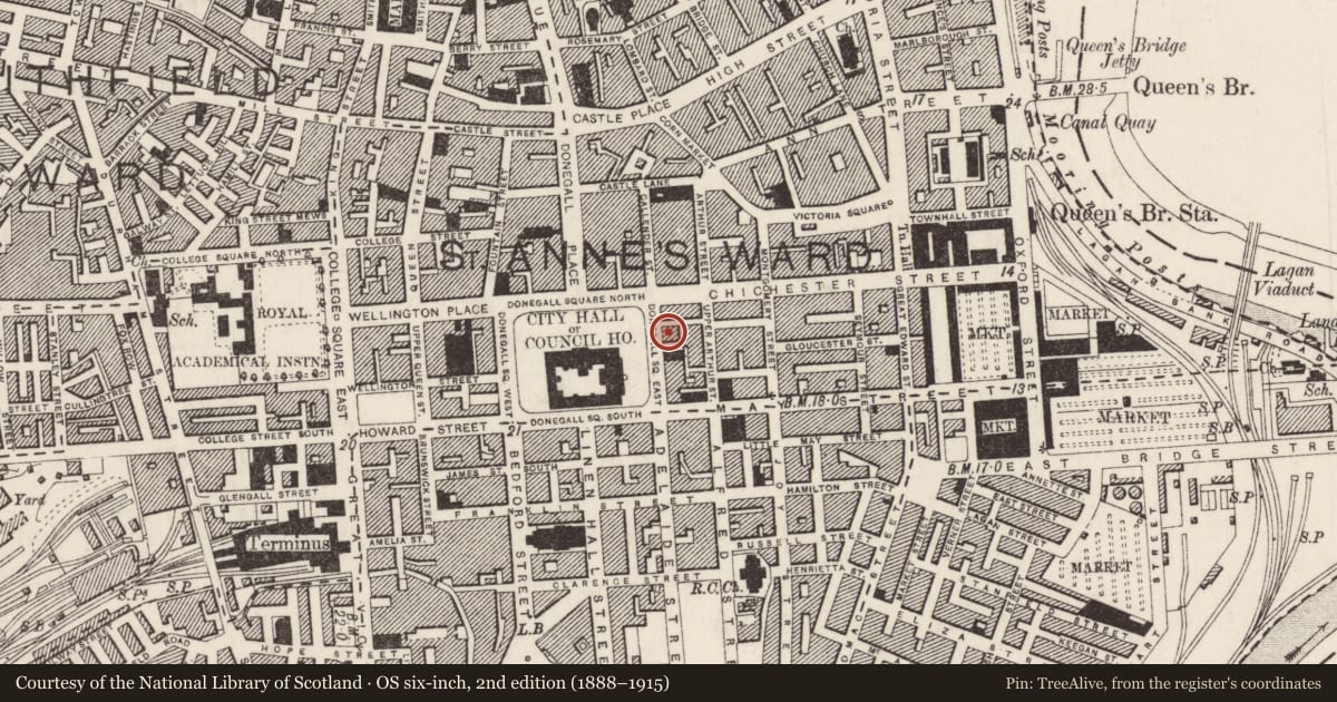 Ordnance Survey six-inch map, 2nd edition (1888–1915) covering the location of Imperial House, Town Parks, Belfast, with a pin at the register's coordinates